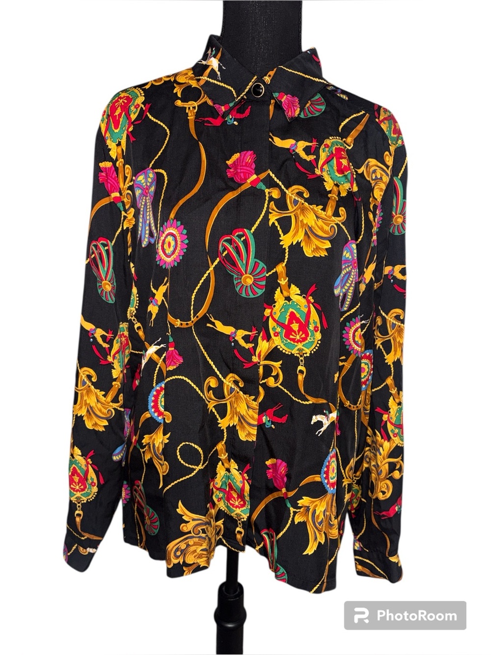 VTG Susan Bristol Blouse Equestrian Tassel Horse Print SZ 14 1990s
